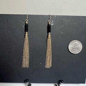 Long golden chains hoop earrings with black accents. 4” elegant look.